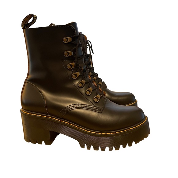 Dr. Martens Shoes - Dr. Martens Leona Smooth Leather Chunky Lug Sole Platform Heel Combat Boots S7